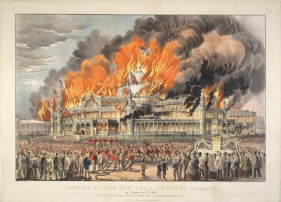 Brand van het New York Crystal Palace op dinsdag 5 oktober 1858 door Currier and Ives