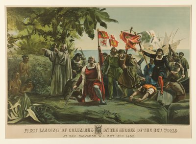 De eerste landing van Columbus op de kusten van de Nieuwe Wereld door Currier and Ives