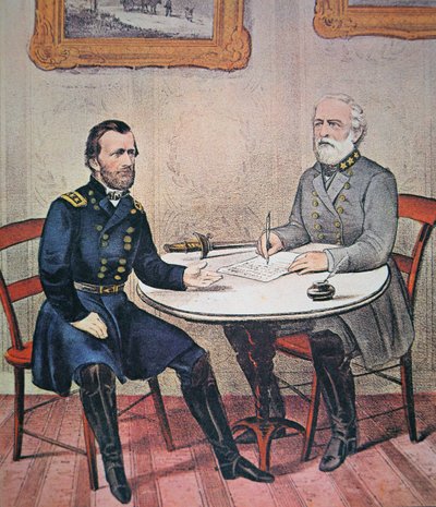 Generaal Robert E. Lee geeft zich over aan Generaal Ulysses S. Grant in Appomattox Courthouse, 9 april 1865 door Currier and Ives