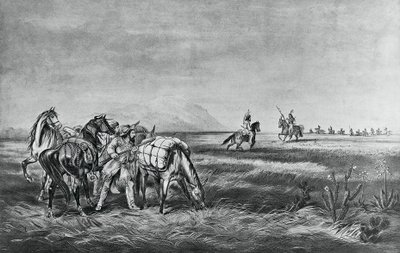 Vrede of oorlog, ontmoeting tussen de Indianen en blanke jagers, uitgegeven door Colin Simkin door Currier and Ives