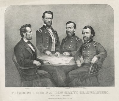 President Lincoln bij het hoofdkwartier van Genl. Grant, ca. 1865 (lithografie) door Currier and Ives