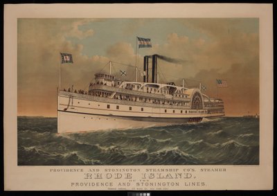 Stoomschip Rhode Island van de Providence en Stonington Steamship Co door N. and Ives J.M. (1824 95) Currier