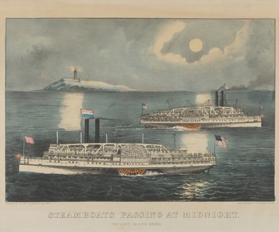 Stoomschepen passeren om middernacht op Long Island Sound door Currier and Ives