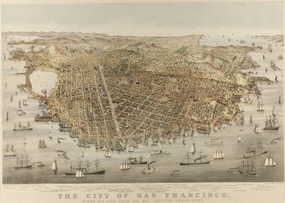 De stad San Francisco - Vogelperspectief vanaf de baai, kijkend naar het zuidwesten door Currier and Ives