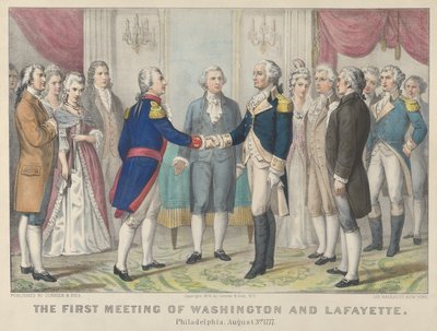 De eerste ontmoeting van Washington en Lafayette in Philadelphia, 3 augustus 1777 door Currier and Ives