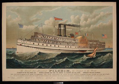 De grote nieuwe stoomboot Pilgrim, de grootste ter wereld. Vlaggenschip van de Fall River Line - tussen New York en Boston via Newport en Fall River door N. and Ives J.M. (1824 95) Currier