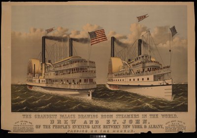 De Grootste Paleis Teken Kamer Stoomschepen ter Wereld, Drew en St John van de Peoples Evening Line tussen New York & Albany door N. and Ives J.M. (1824 95) Currier