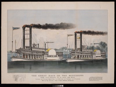 De grote race op de Mississippi van New Orleans naar St. Louis 1210 mijl. Tussen de stoomschepen Robt. E. Lee... en Natchez... Gewonnen door R.E. Lee door N. and Ives J.M. (1824 95) Currier