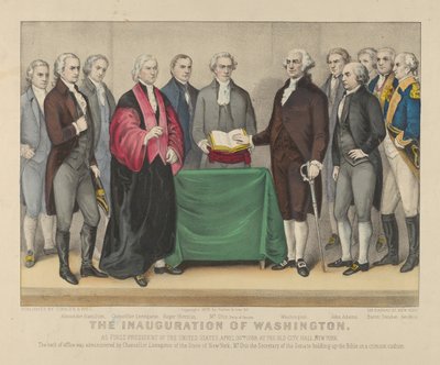 De inauguratie van Washington als eerste president van de Verenigde Staten op 30 april 1789 in het oude stadhuis, New York door Currier and Ives