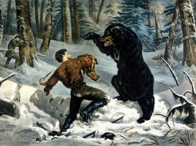 Het leven van trappers (professionele jagers) in Canada: een jager wordt aangevallen door een grizzlybeer. Illustratie door Yves en Currier. door Currier and Ives