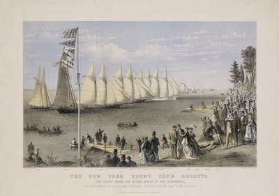 De regatta van de New Yorkse jachtclub, ca. 1869 (kleur lithografie) door Currier and Ives