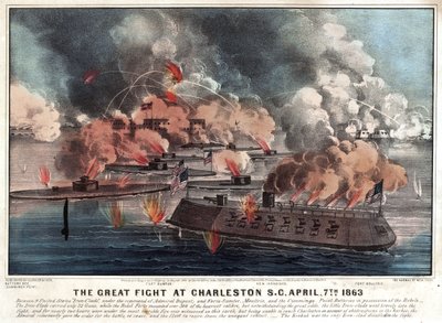 Het grote gevecht bij Charleston S.C. 7 april 1863 door Currier and Ives