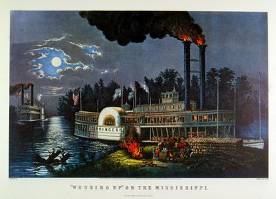 "Hout verzamelen op de Mississippi". 1863 door N. and Ives J.M. (1824 95) Currier