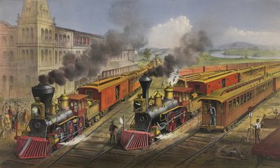 Amerikaans Spoorwegtafereel: Bliksemsnelle Express-treinen verlaten het Knooppunt, 1874 door N. and Ives, J.M. Currier