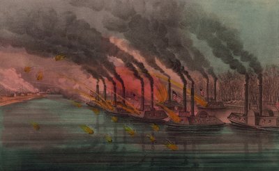 Bombardement en Inname van Fort Henry door Federale Kanonneerboten, 1862 door N. and Ives, J.M. Currier