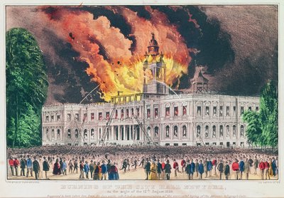 Brand van het stadhuis van New York, in de nacht van 17 augustus 1858 door N. and Ives, J.M. Currier