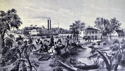 Hoog Water in de Mississippi door N. and Ives, J.M. Currier