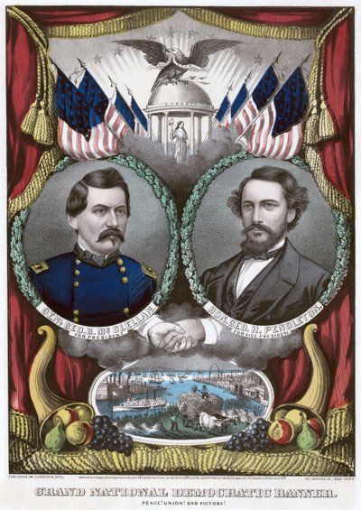 Groot Nationaal Democratisch Banier. Vrede! Unie! en Overwinning!, 1864 door N. and Ives, J.M. Currier