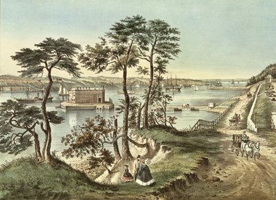 Staten Island en de Narrows vanaf Fort Hamilton door N. and Ives, J.M. Currier