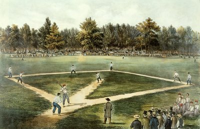 Het Amerikaanse Nationale Honkbalspel - Grote Wedstrijd in Elysian Fields, Hoboken, NJ, 1866 door N. and Ives, J.M. Currier