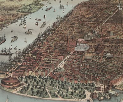 De Stad New York (detail), 1883 door N. and Ives, J.M. Currier