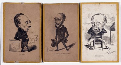 3 Karikatuurportretten: François Pierre Guillaume Guizot (1787-1874), Franse historicus en politicus, Charles Jean-Baptiste (Jean Baptiste) Jacquot alias Eugène de Mirecourt (1812-1880), Franse journalist en schrijver, en Pierre-Joseph Proudhon door Nadar
