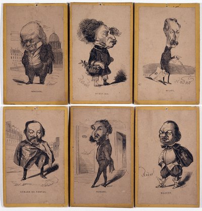 6 Karikatuurportretten: Pierre Jean de Béranger (1780-1857) Franse liedjesschrijver, Alexandre Dumas fils (1824-1895), Louis Adrien Huart (1813-1865) Franse journalist, schrijver en theaterdirecteur, Gérard de Nerval (1808-1855), Franse schrijver, Charles  door Nadar