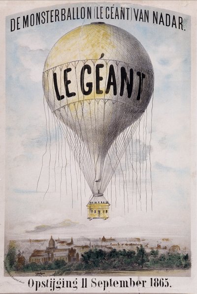 De Monsterballon (Le Giant) van Nadar Opstijging 11 september 1865. Nederlandse advertentie voor het afwikkelen van de bal "De Giant" op 11 september door Nadar