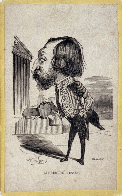 Portret-karikatuur van Alfred de Musset, Franse dichter en toneelschrijver. Cartoon door Felix Nadar. door Nadar