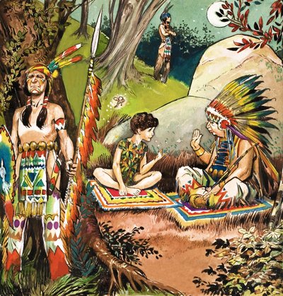 Peter Pan praat met de hoofdman, illustratie uit 
