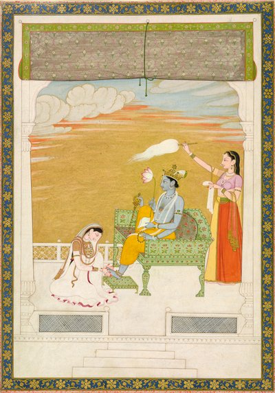 Lakshmi masseert de voet van Vishnu, ca. 1765-1770 door Nainsukh Manju