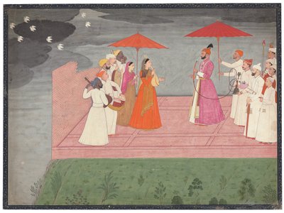 Muzikanten spelen een raga voor Balwant Dev Singh tijdens het regenseizoen, c.1745-50 door Nainsukh