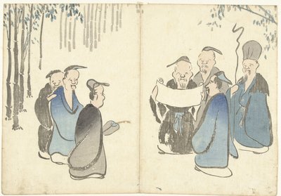Zeven geluksgoden in een bamboebos door Nakamura Hochu