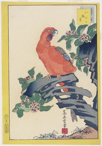 Roze papegaai op rots, 1859 door Nakayama Sugakudo