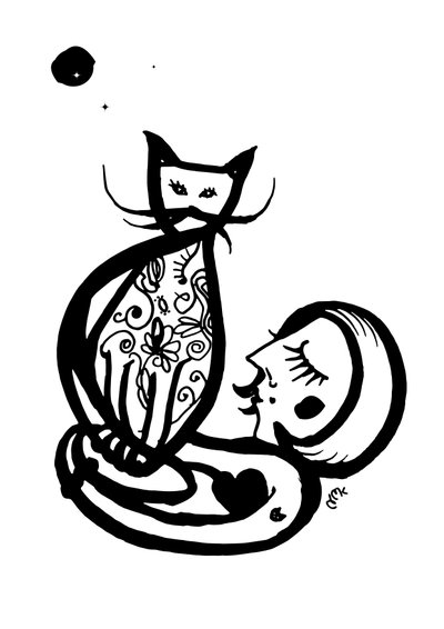 Arty Wednesday Cat, 2021 (inkt op kaart) door Nancy Moniz Charalambous