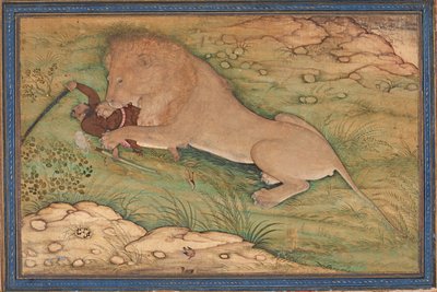 Gevaren van de jacht, een leeuw springt op een jager, ca. 1615 door Nanha