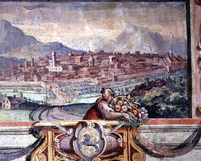 Slaapkamer, detail van fries met steden onder Medici-heerschappij, mogelijk Volterra door Nanni di B. Bigio and Bartolomeo Ammannati