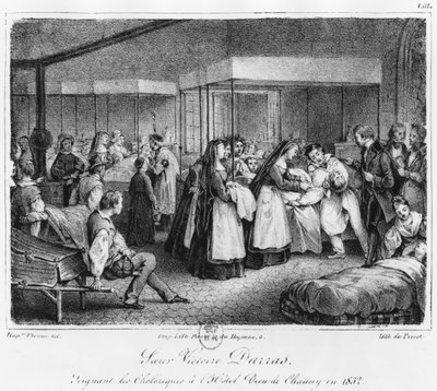 Zuster Victoire Darras verzorgt de choleraslachtoffers in het Hotel-Dieu van Chauny, 1832 door Napoleon Thomas