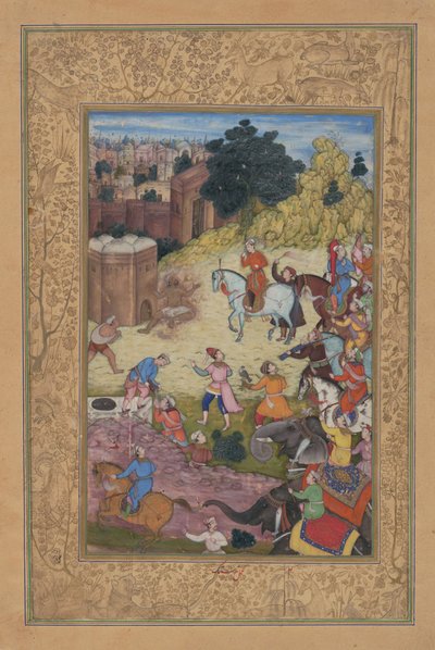 Een badhuisbeheerder wordt verteerd door passie voor zijn geliefde, Folio uit een Khamsa, 1597-98 door Nar Singh