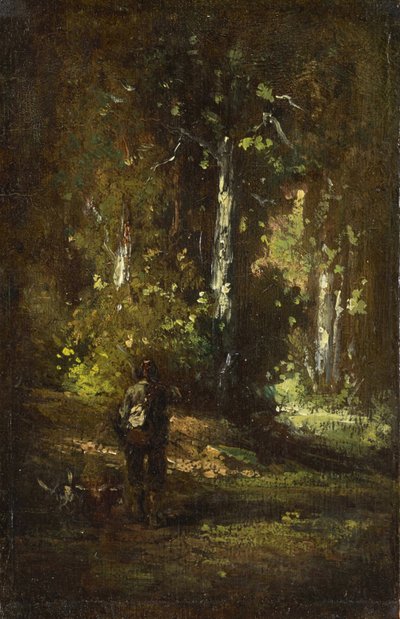 Uitzicht in het bos met jager door Narcisse Virgilio Diaz de la Peña, Alexandre Gabriel Decamps