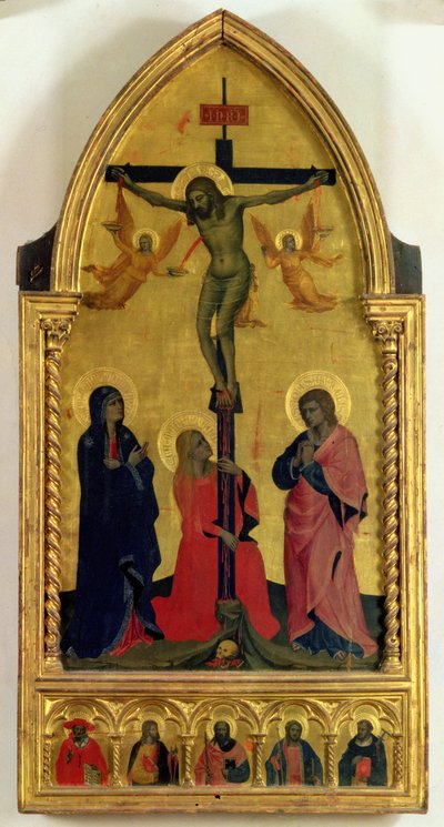 De kruisiging met rouwenden en St. Maria Magdalena, het predellapaneel met SS. Hiëronymus, Paulus, Jacobus, Petrus en een onbekende heilige door Nardo di Cione Orcagna