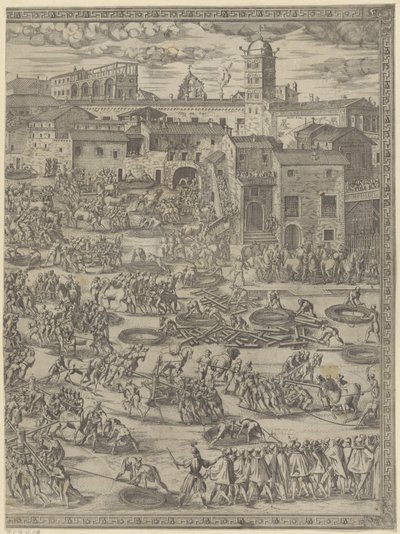 Het oprichten van de obelisk op het Sint Pieterplein door Natale Bonifazio da Sebenico