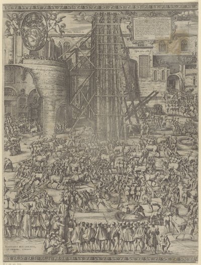 Het oprichten van de obelisk op het Sint Pieterplein door Natale Bonifazio da Sebenico