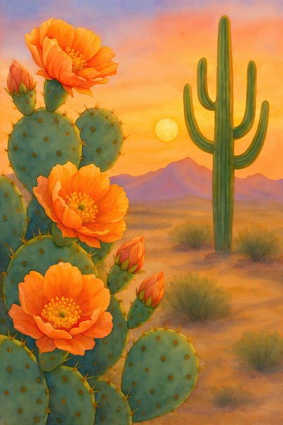 Zonsondergang in de woestijn – Bloeiende cactus door Natalie Bruns