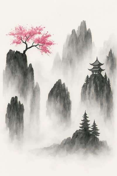 Japans berglandschap met een sakuraboom en een tempel door Natalie Bruns