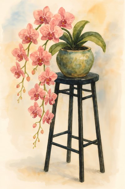 Roze orchidee op een krukje door Natalie Bruns