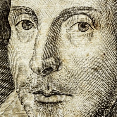 (detail) Portret van William Shakespeare op frontispice van Komedies, geschiedenissen, & tragedies door Nathan Benn