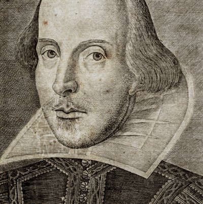 (detail) Portret van William Shakespeare op frontispice van Comedies, histories, & t... door Nathan Benn