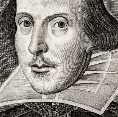 (detail) Portret van William Shakespeare op frontispice van Comedies, histories, & t... door Nathan Benn