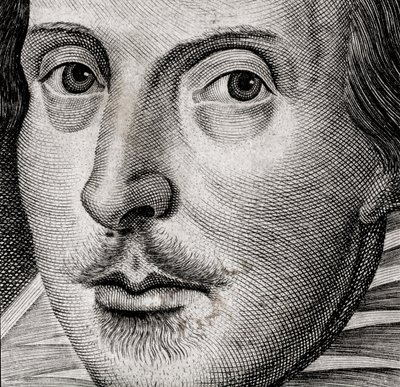 Detail van portret van William Shakespeare op frontispice van Komedies, geschiedenissen, & tragedies door Nathan Benn